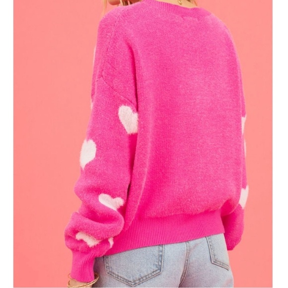 Bright Pink Heart Pattern Fuzzy Cozy‎ Sweater. Size Small. - Picture 3 of 13